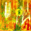 Peinture abstraite aux couleurs vives et chaudes, mélangeant le jaune, le vert et l’orange pour représenter la chaleur intense de la canicule