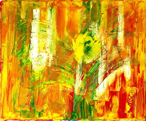 Le tableau Canicule est composé de coups appuyés de pinceaux jaunes et rouges en arrière-plan avec, en superposition, des coups de pinceaux énergiques principalement verts et blancs.