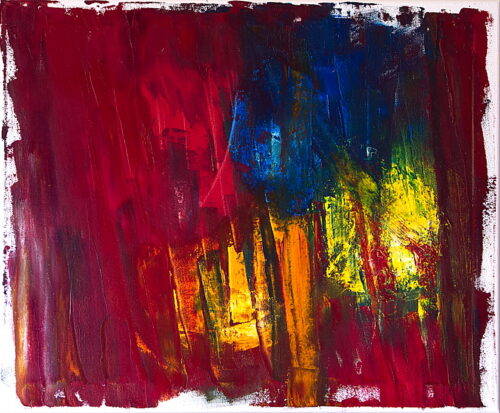 Peinture abstraite aux couleurs vives et contrastées de rouge, bleu et jaune, à la texture forte, et symbolisant l’intensité émotionnelle de la colère