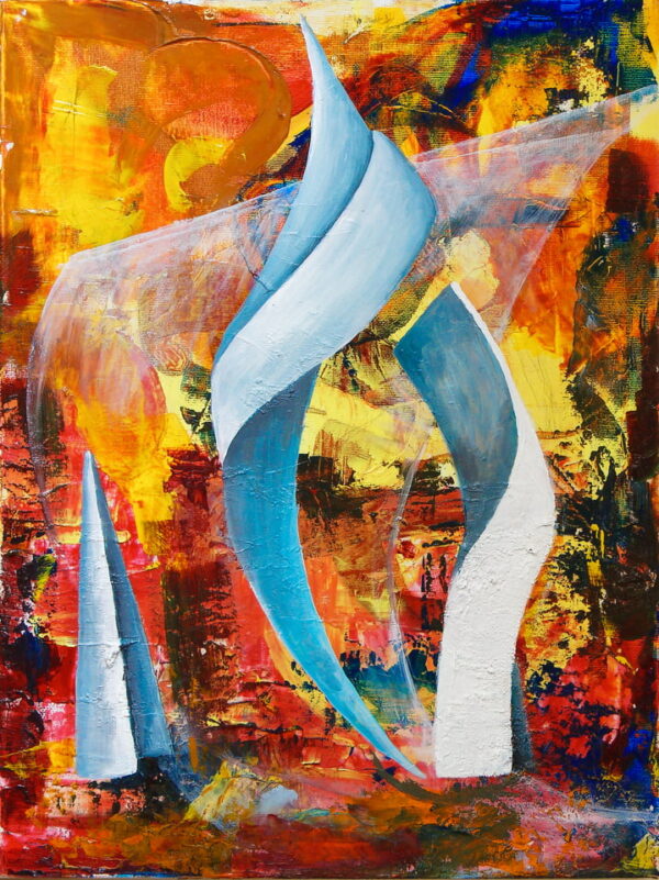 Le tableau Contraste #1 montre des formes abstraites bleues sur un fond de couleurs et de textures chaudes