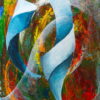 Le tableau Contraste #2 montre des formes spiralées bleues sur un fond de couleurs et de matières intenses