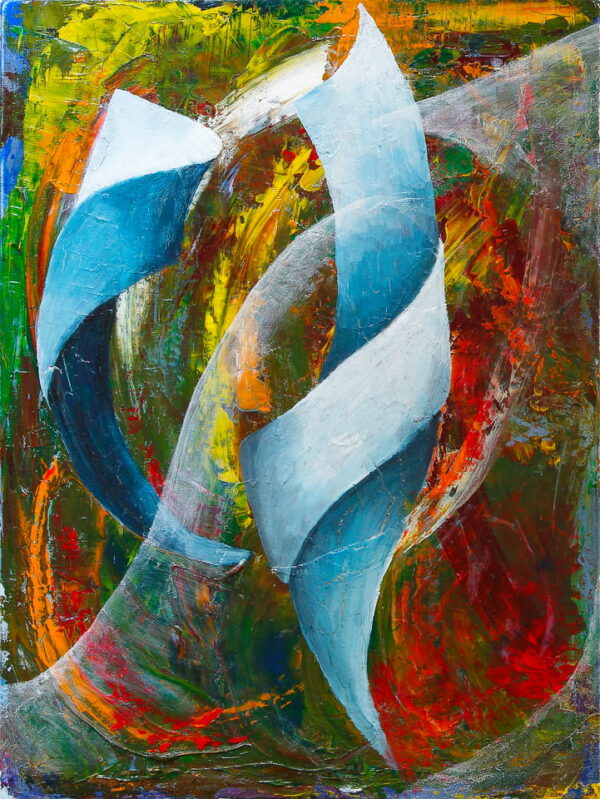Contraste 2 - Section colorée et dynamique du triptyque, aux formes spiralées bleues sur un fond de couleurs et de matières intenses
