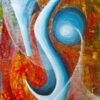 Le tableau Contraste #3 déploie des formes arrondies bleutées sur un fond de couleurs et de matières où dominent les rouges