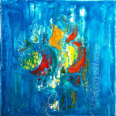 Peinture abstraite avec des couleurs vives mélangées sur un fond bleu.