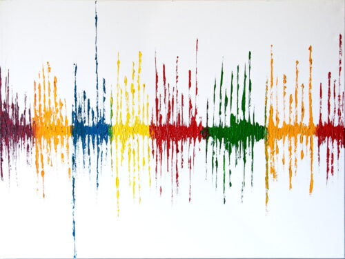 Tableau abstrait aux coups de pinceaux de plusieurs couleurs verticaux évoquant des ondes sonores sur fond blanc