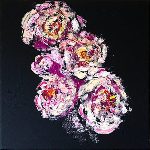 Peinture contemporaine de 5 pivoines aux couleurs roses et violettes sur fond sombre