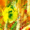 Détail vibrant de la peinture Canicule montrant une explosion de couleurs jaune et orangée, illustrant la chaleur et l’énergie intense