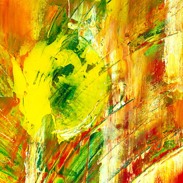 Détail vibrant de la peinture Canicule montrant une explosion de couleurs jaune et orangée, illustrant la chaleur et l’énergie intense