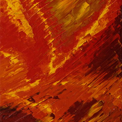 Peinture abstraite Automne aux couleurs chaudes et vibrantes, mélange de rouge, d’orange et de jaune, représentant le changement des saisons