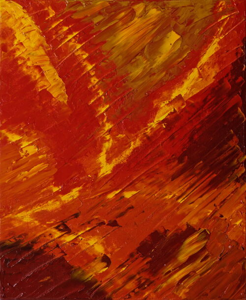 Peinture abstraite aux couleurs automnales – mélange de rouge, d’orange et de jaune – aux textures et coups de pinceaux visibles, représentant le changement de la saison d'automne