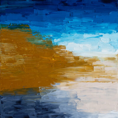 Une peinture abstraite avec des coups de pinceau épais et expressifs, montrant un contraste frappant entre les teintes froides de bleu en haut et les teintes chaudes d'orange et de jaune en bas.