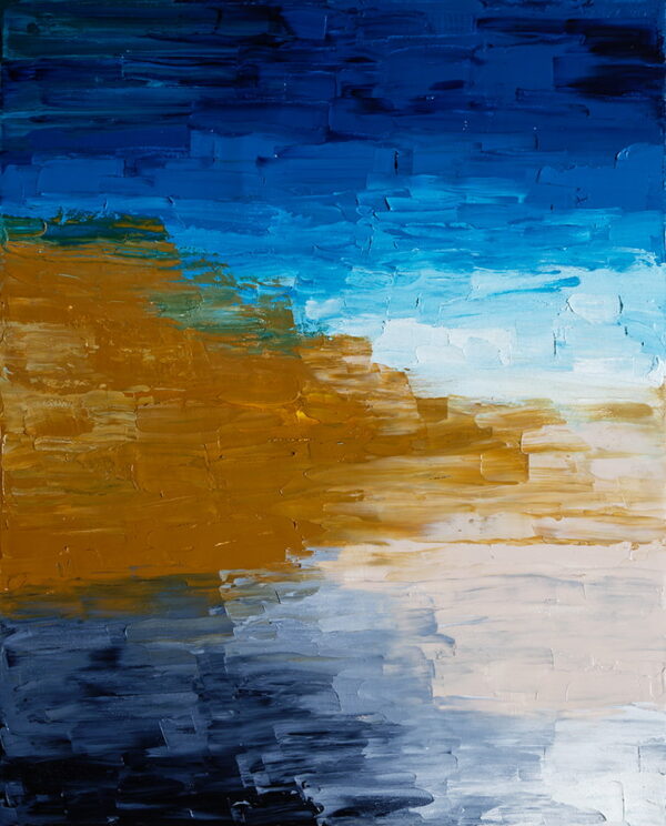 Peinture abstraite avec nuances de bleu et touches dorées en touches épaisses et expressives, évoquant réflexion et profondeur