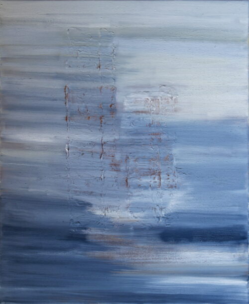 Peinture abstraite représentant un brouillard hivernal avec des nuances de bleu et de blanc, créant une atmosphère froide et mystérieuse
