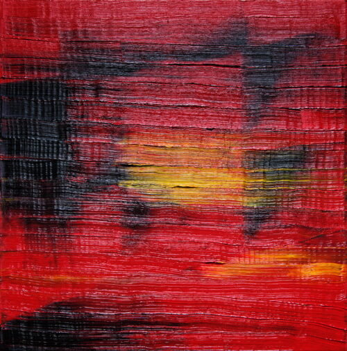 Peinture abstraite avec des nuances vibrantes de rouge et jaune ainsi que du noir sur des textures horizontales riches